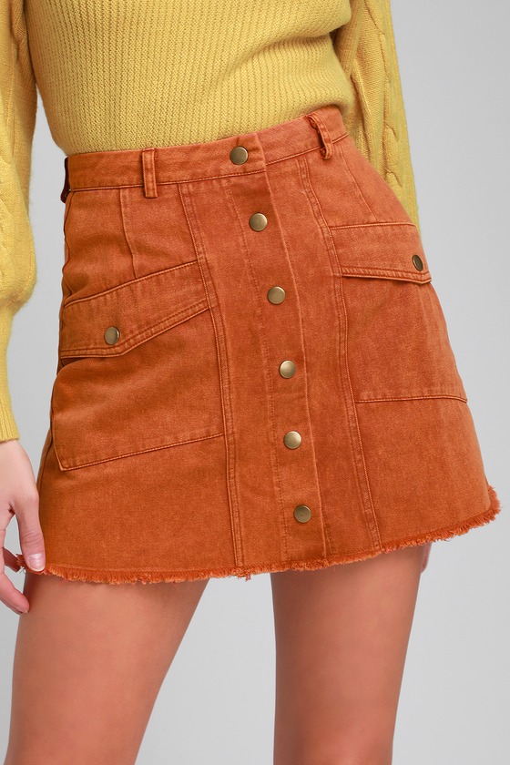 Cute Rust Orange Denim Skirt - Snap Button Skirt - A-Line Skirt