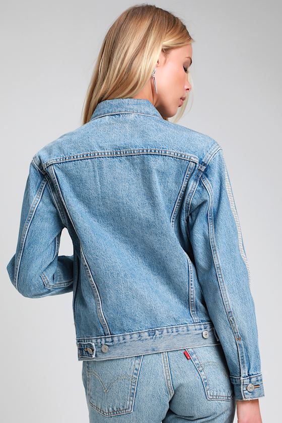 Ex Boyfriend Trucker Medium Wash Rhinestone Denim Jacket 4