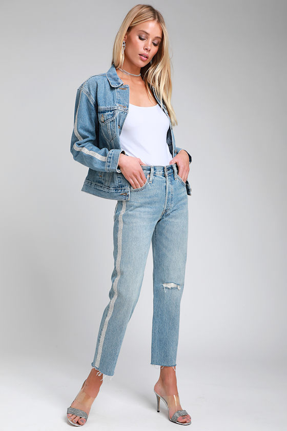 501 Crop Straight Medium Wash Distressed Rhinestone Jeans 1
