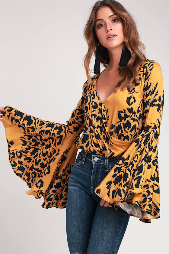 Wild Nights Golden Yellow Leopard Print Bell Sleeve Bodysuit 1