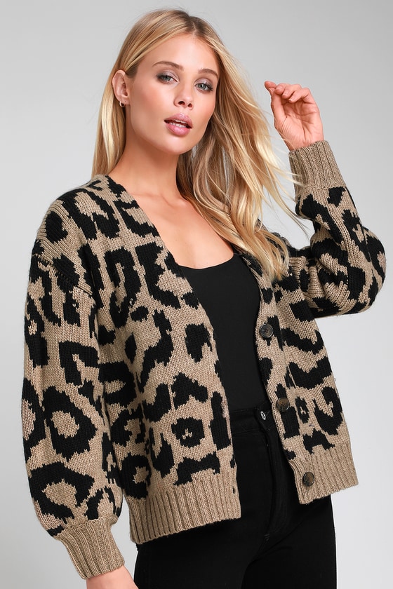 Bushwick Taupe Leopard Print Knit Cardigan