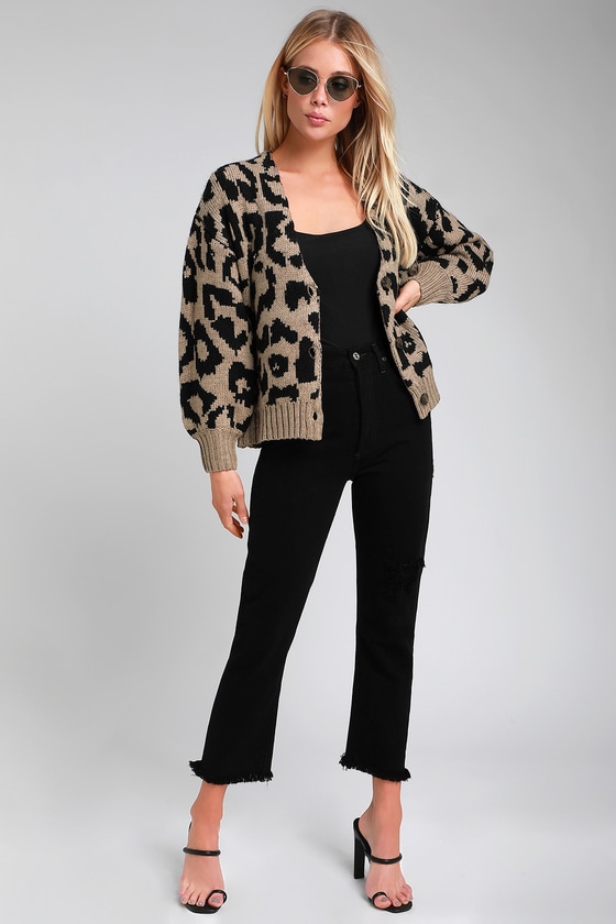 Obey Bushwick - Taupe Leopard Print Cardigan - Knit Cardigan