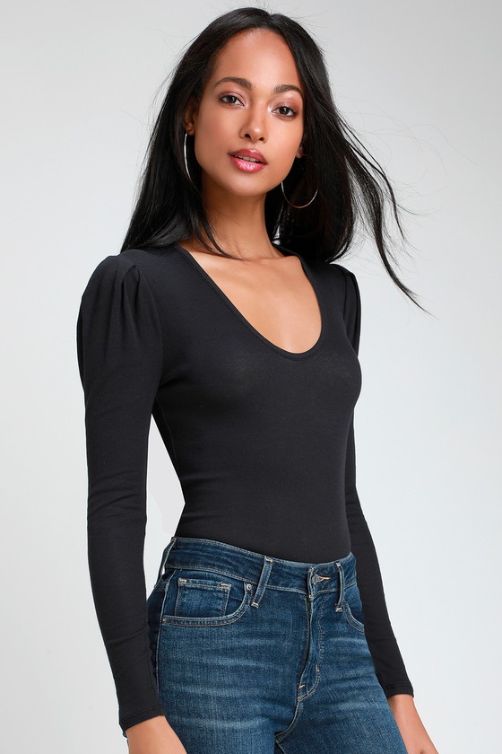 Free People Hey Lady - Black Long Sleeve Top - Puff Sleeve Top - Lulus