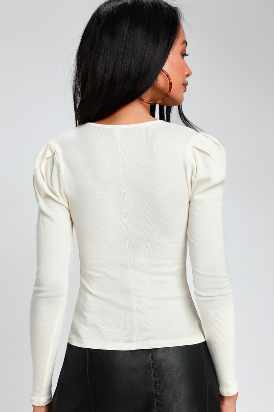 Hey Lady Ivory Ribbed Long Puff Sleeve Top