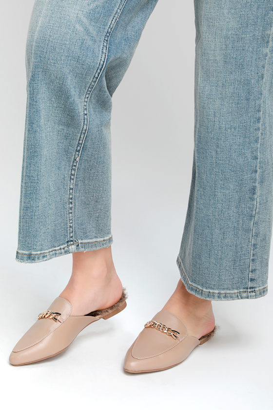 Lulus Antonia 2 Nude Loafer Slides Faux Fur Loafer Slides