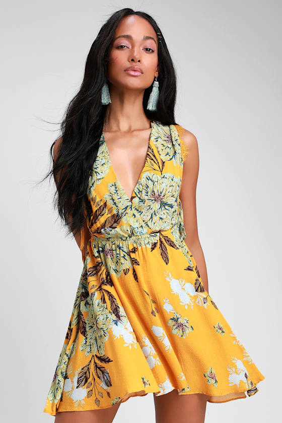 Free People Marine Mini Yellow Floral Dress Mini Dress Lulus
