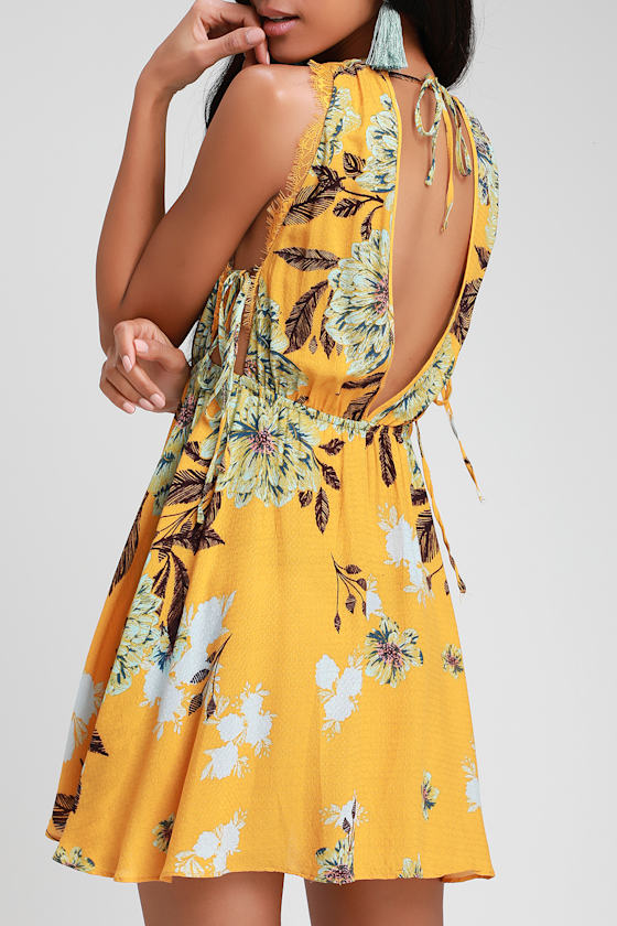Free People Marine Mini Yellow Floral Dress Mini Dress Lulus