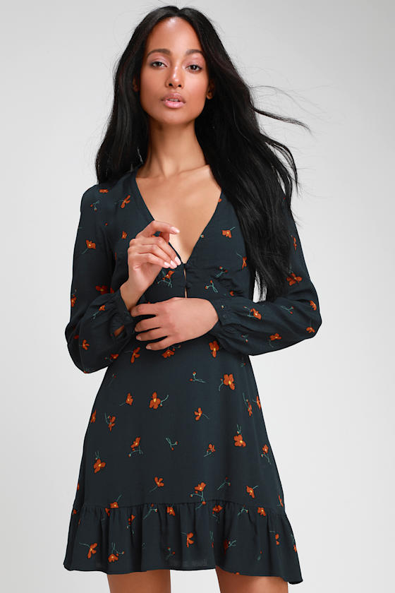 Navy Blue Floral Print Dress Long Sleeve Dress Mini Dress Lulus