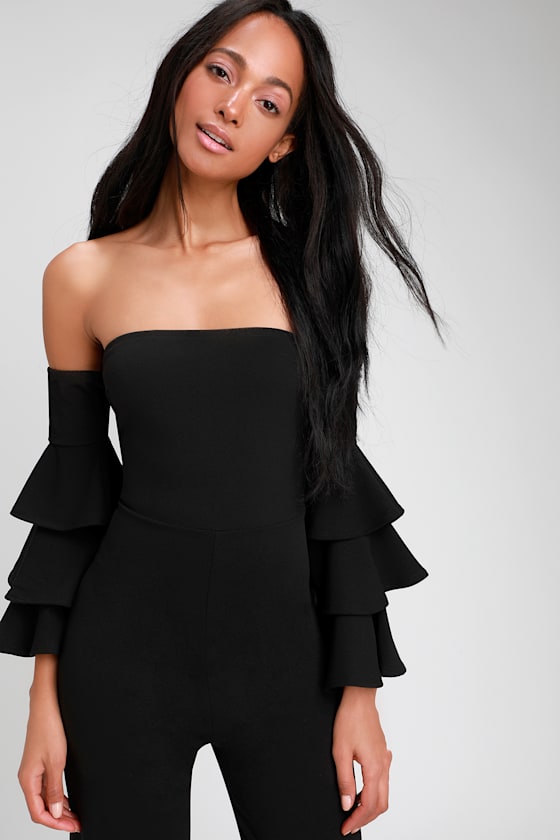 off shoulder floral print flounce sleeve jumpsuit