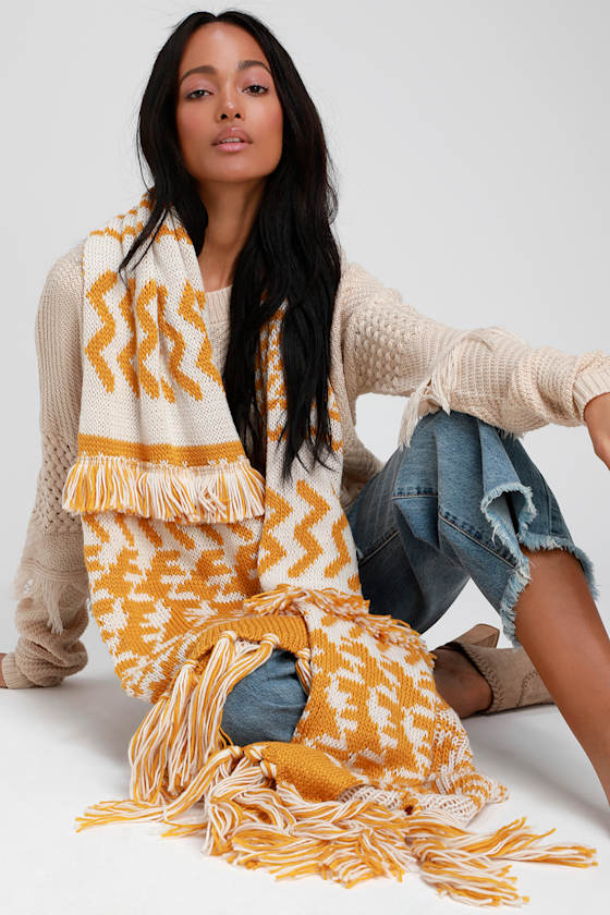 Free People Mile High - Yellow Print Scarf - Knit Fringe Scarf - Lulus