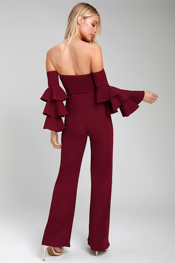 Vivacious Burgundy Off-the-Shoulder Flounce Sleeve Jumpsuit 2