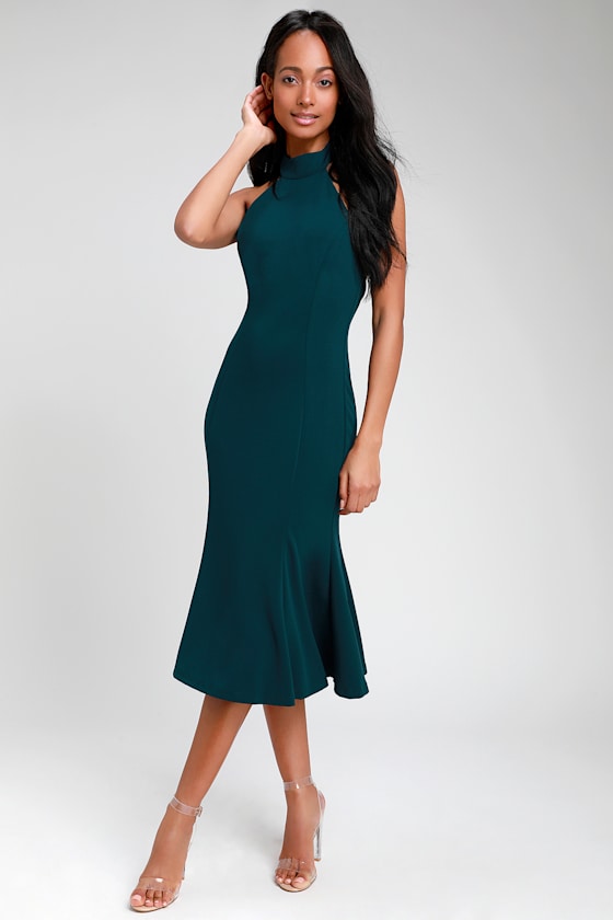 Chic Dark Green Midi Dress Backless Dress Trumpet Dress Lulus