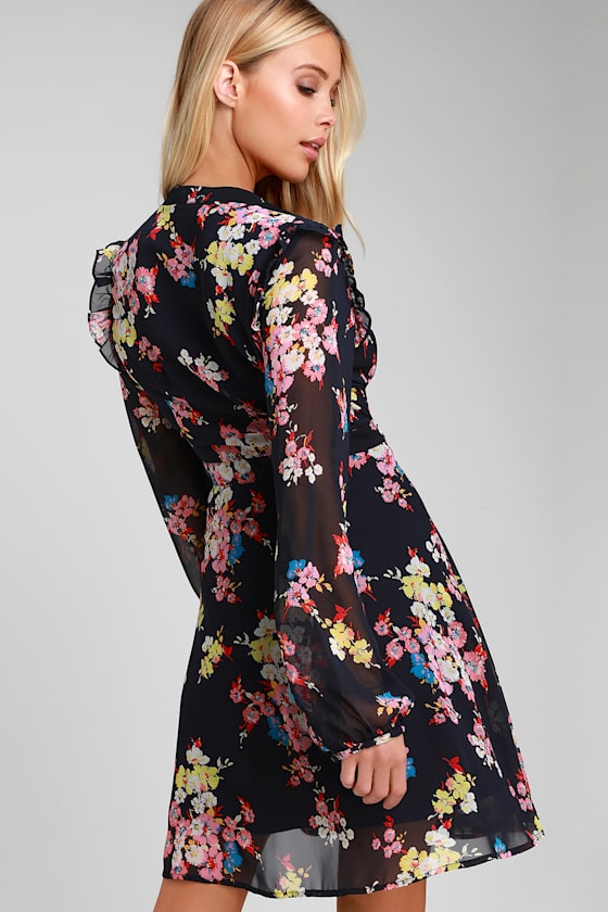 Navy Blue Floral Print Dress - Long Sleeve Dress - Skater Dress - Lulus