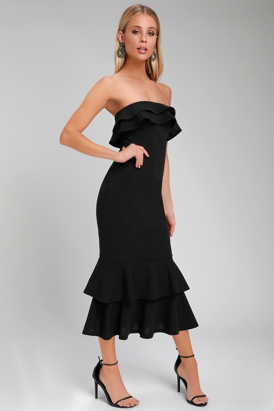 black ruffle midi dress