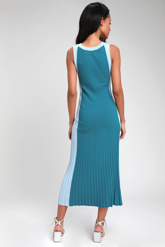 Teal Blue Color Block Dress Ribbed Knit Midi Dress Knit Dress