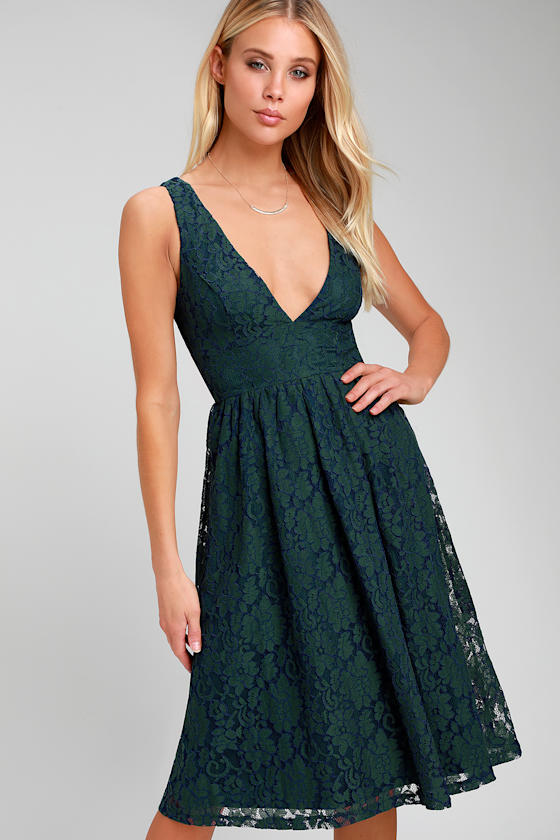 Duet Navy Blue and Forest Green Lace Midi Skater Dress 1