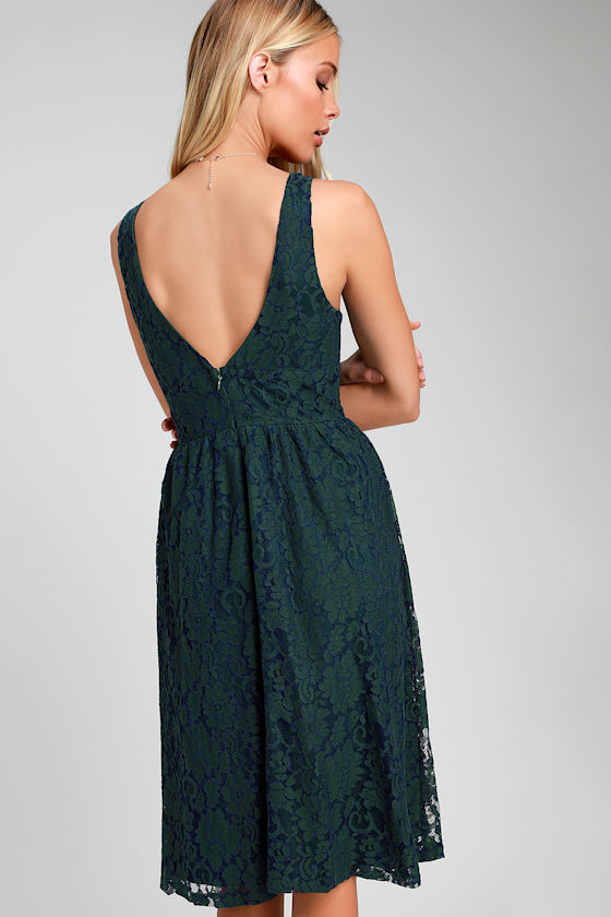 Duet Navy Blue and Forest Green Lace Midi Skater Dress 2