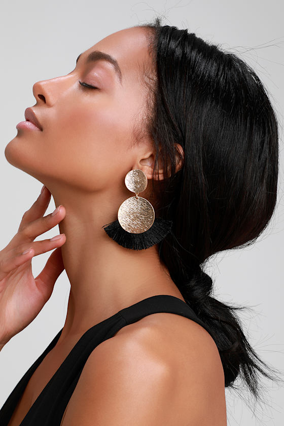 Huge Fan Gold and Black Fringe Earrings 1