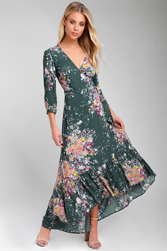 Pretty Forest Green Floral Print Midi Dress Floral Wrap Dress Lulus
