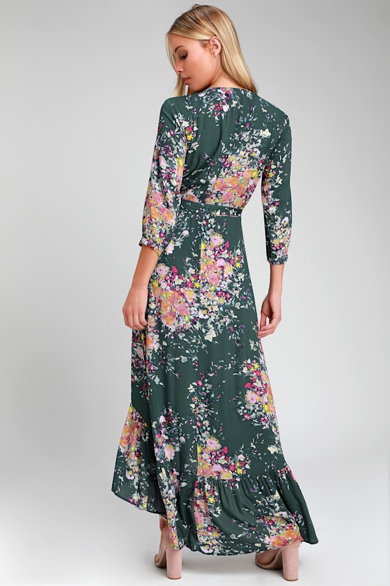 Pretty Forest Green Floral Print Midi Dress Floral Wrap Dress Lulus