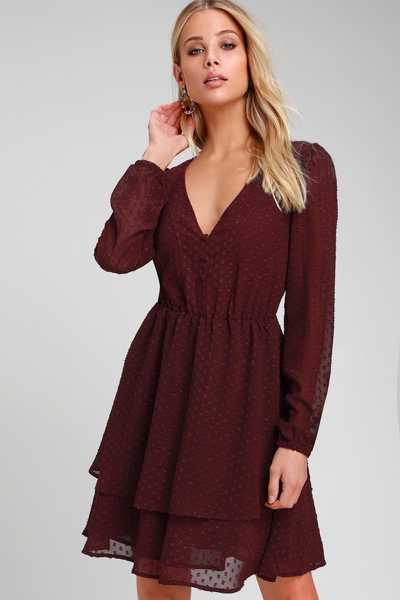 Cute Skater Dress - Burgundy Skater Dress - Swiss Dot Dress - Lulus