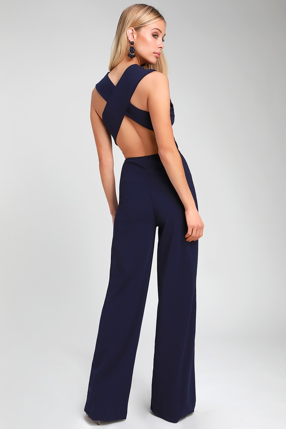 Women's Navy Slub Viscose with Gold Buttons Jumpsuit – S & F Online Store