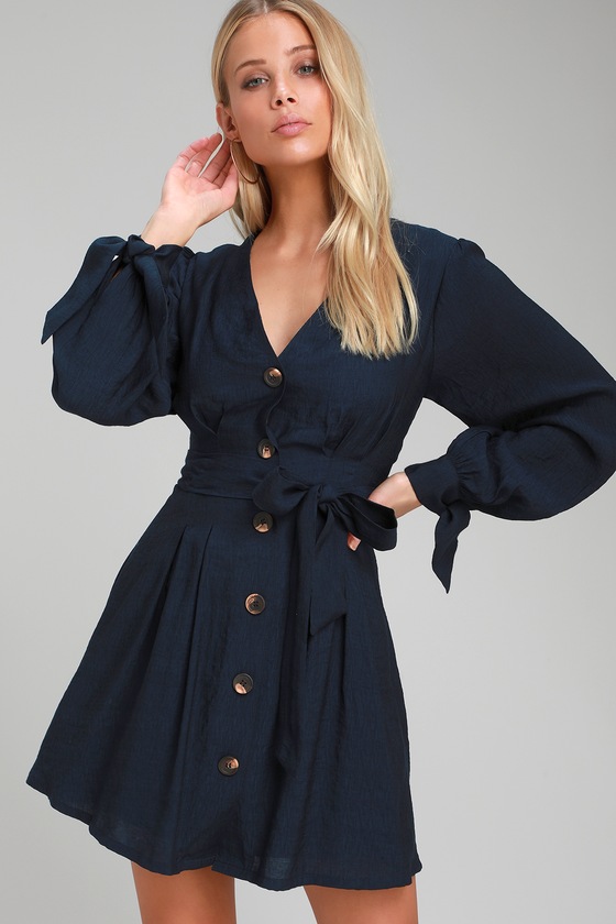 navy button front dress