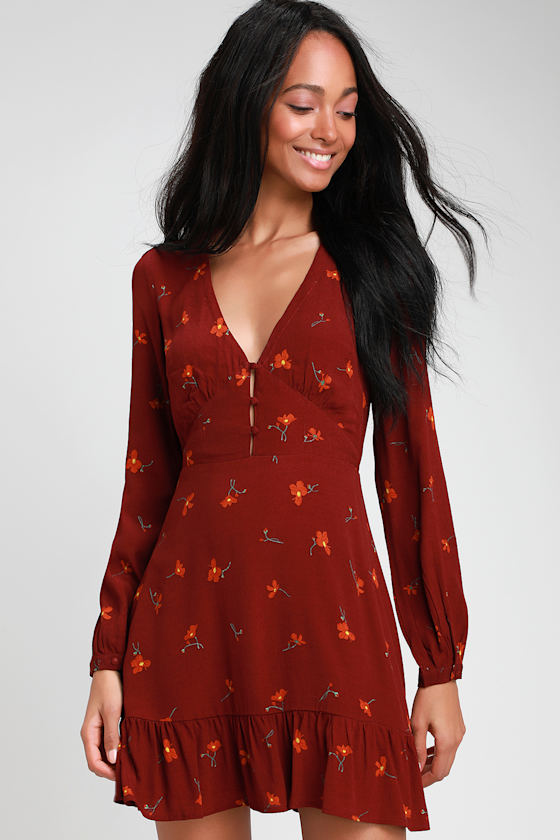 Burgundy Floral Print Dress - Long 