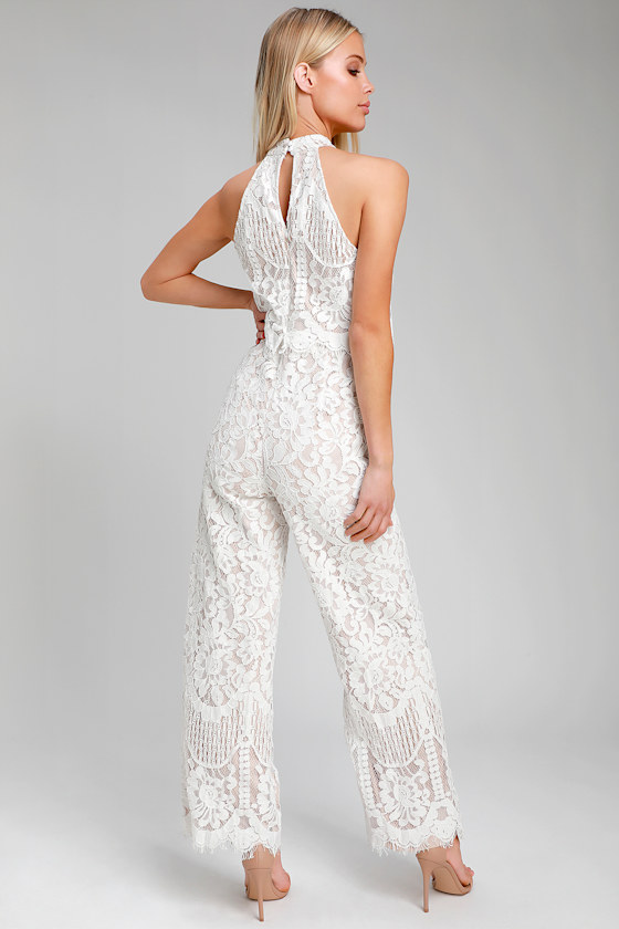 Britney White Lace Halter Jumpsuit 2