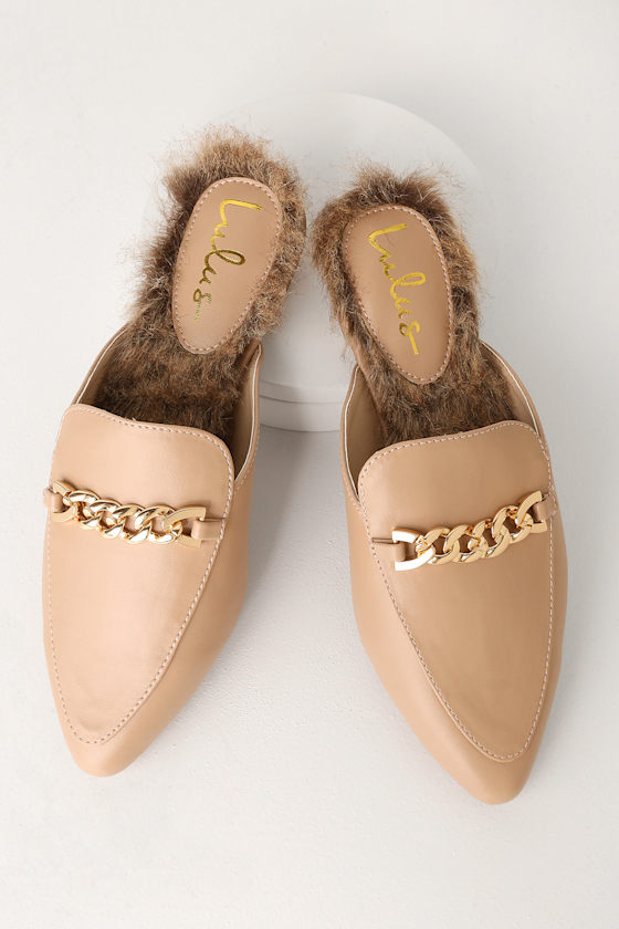 Lulus Antonia 2 Nude Loafer Slides Faux Fur Loafer Slides