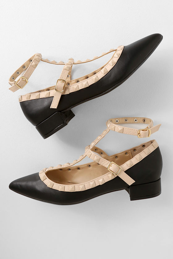 Chic Black Low Heels Strappy Studded Heels Pointed Toe Heels Lulus