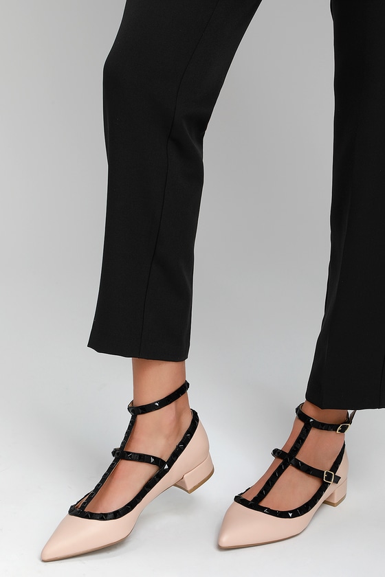 Audra Nude Strappy Studded Low Pointed Toe Heels