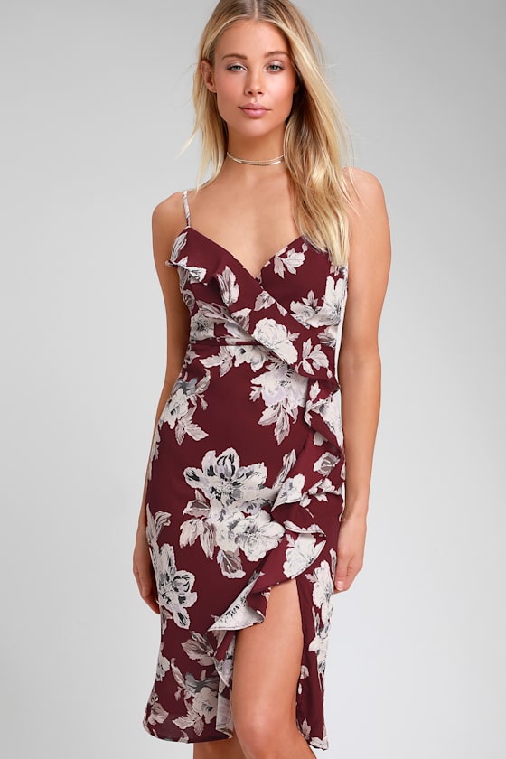 Essential Mood Burgundy Floral Print Ruffled Midi Dress 1