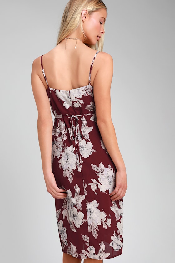 Essential Mood Burgundy Floral Print Ruffled Midi Dress 4