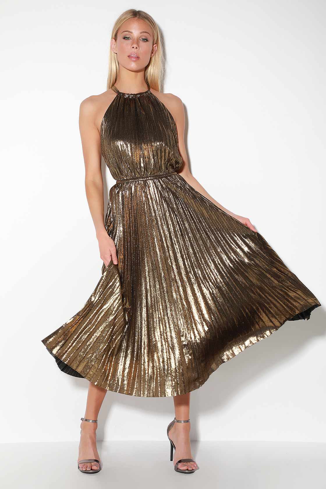 Sleeveless Halter Neckline Pleated Short Dress Gold