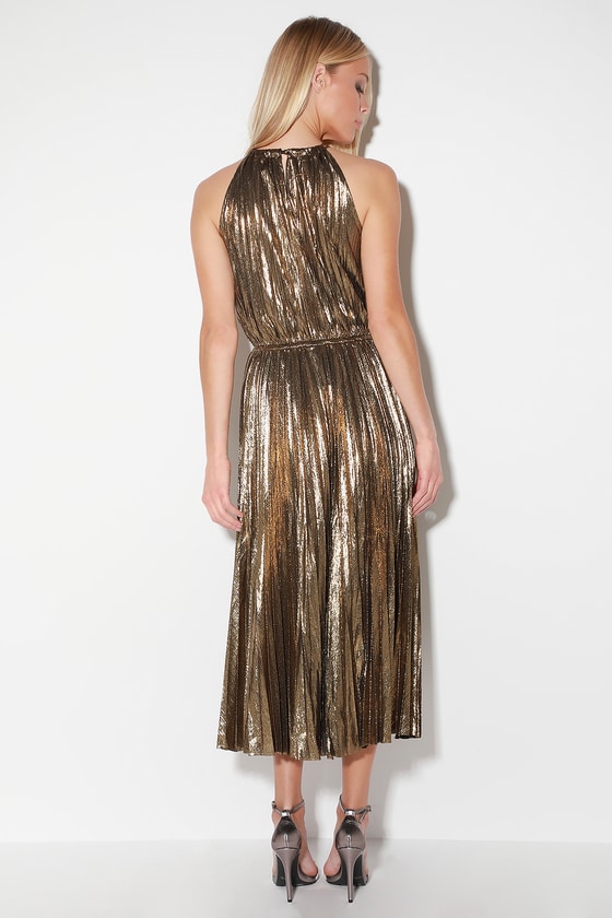 black and gold pleated dress