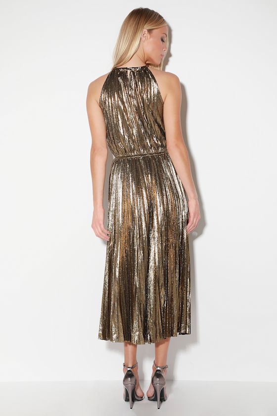 Christina Gold Pleated Halter Midi Dress 2