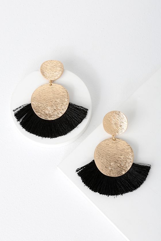 Huge Fan Gold and Black Fringe Earrings 2