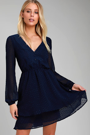 Brilliant Love Navy Blue Swiss Dot Long Sleeve Skater Dress