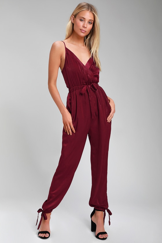 Luxe Satin Jumpsuit - Burgundy Jumpsuit - Surplice Jumpsuit - Lulus