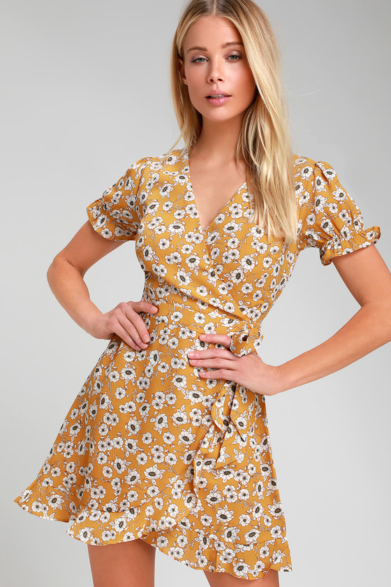 Cute Yellow Dress - Floral Print Dress - Yellow Wrap Dress - Lulus