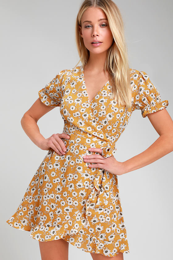yellow wrap dress floral