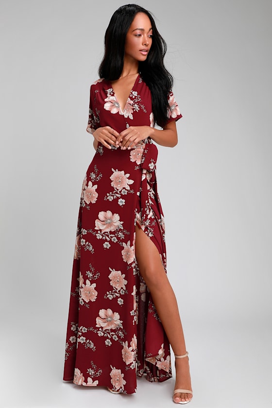 Burgundy Floral Print Elegant Maxi Dress