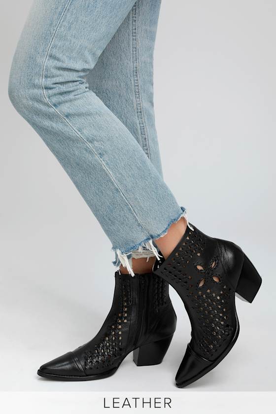 Bello Black Leather Woven Pointed Toe Booties 5