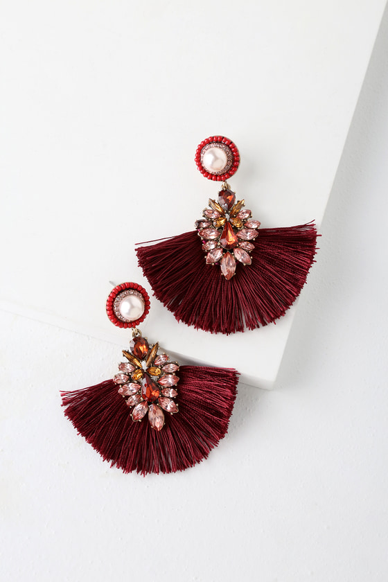 Glam Burgundy Earrings - Tassel Earrings - Rhinestone Earrings
