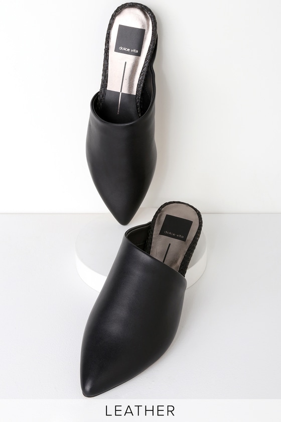 Ekko Black Leather Pointed-Toe Slides