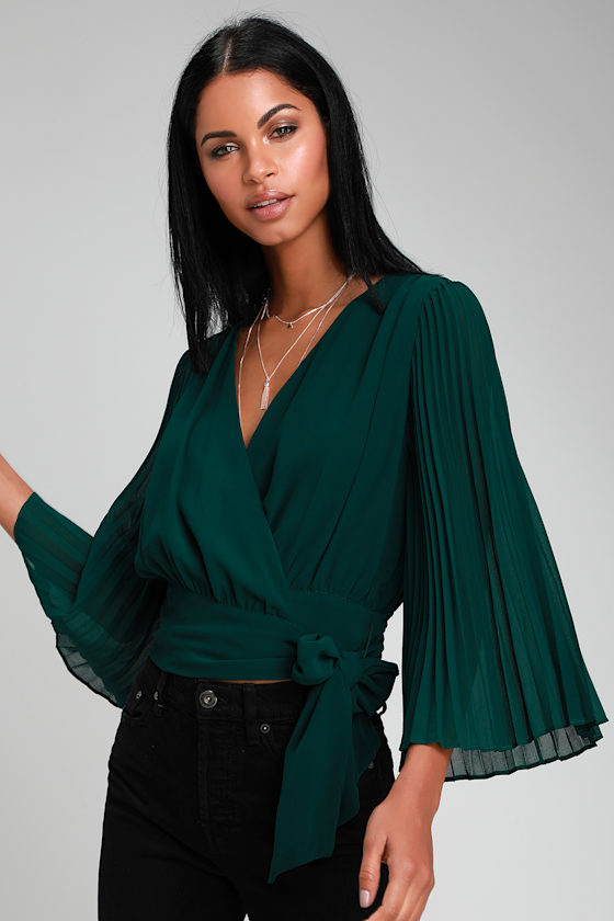Cute Forest Green Top Wrap Top Pleated Top Green Top Lulus
