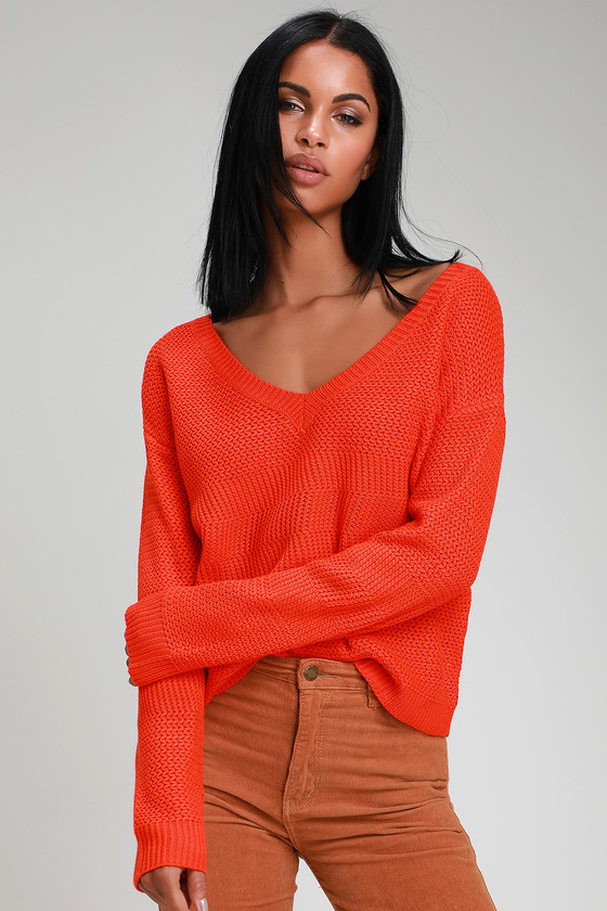 Cute Coral Orange Sweater - Knit V-Neck Sweater - Knit Sweater - Lulus