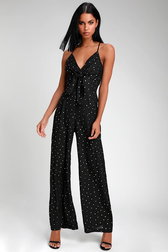 Dorothea Black Polka Dot Tie-Front Wide-Leg Jumpsuit 1