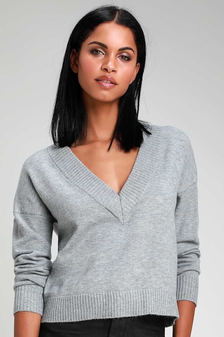Cute Light Grey Sweater - Knit Sweater - V-Neck Sweater Top - Lulus